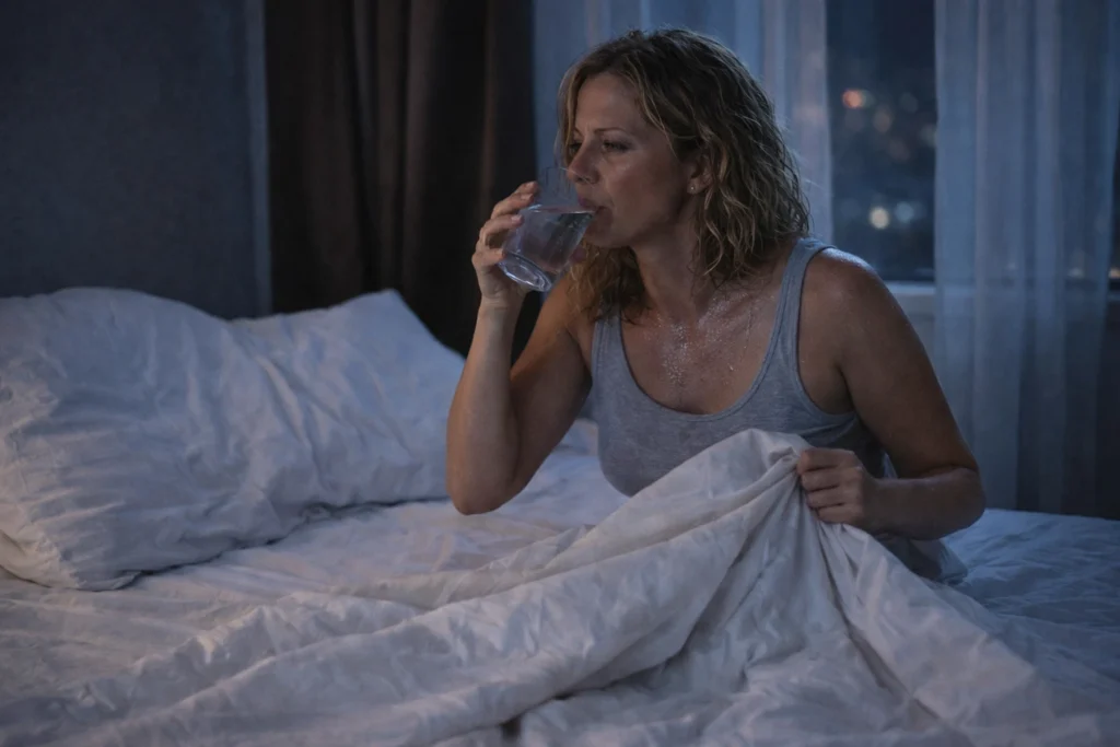 Woman experiencing night sweats during menopause and disrupted sleep