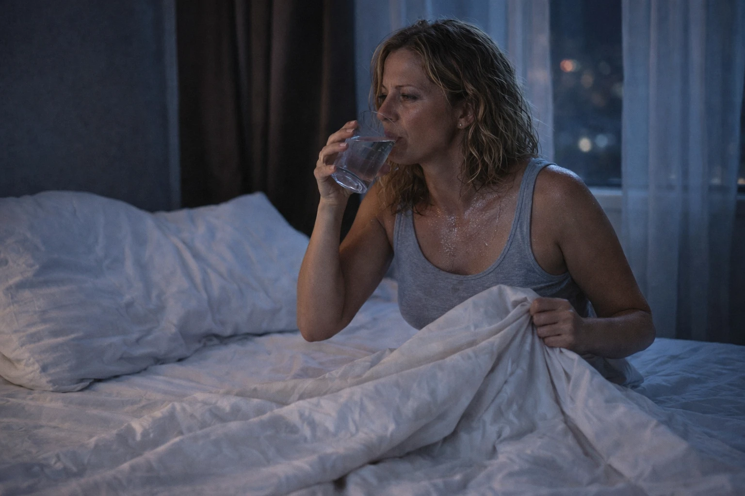 Woman experiencing night sweats during menopause and disrupted sleep